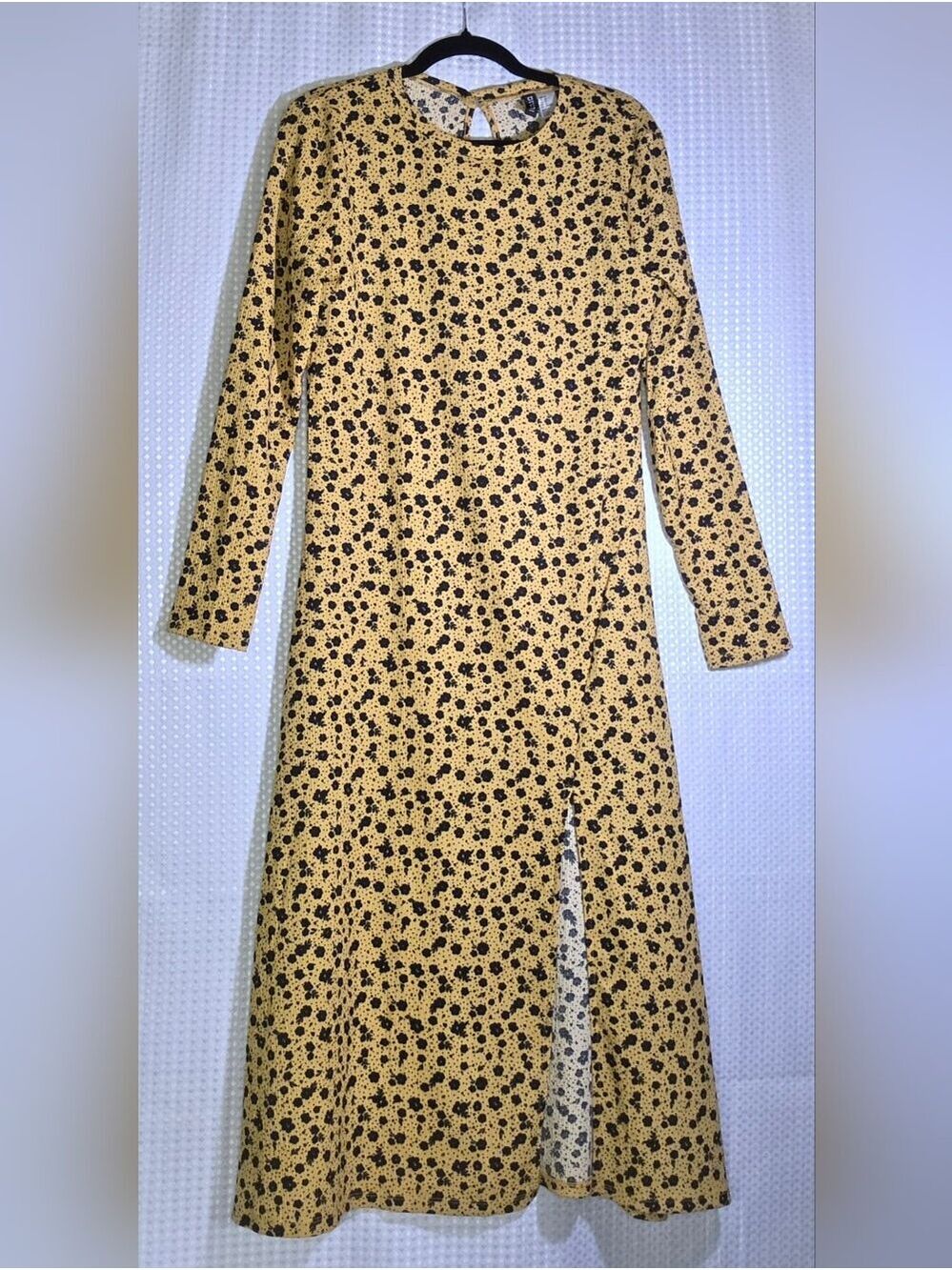 H&M Crinkled Jersey Midi Dress Mustard Retro Floral Boho 70s High Slit M - Picture 3 of 12